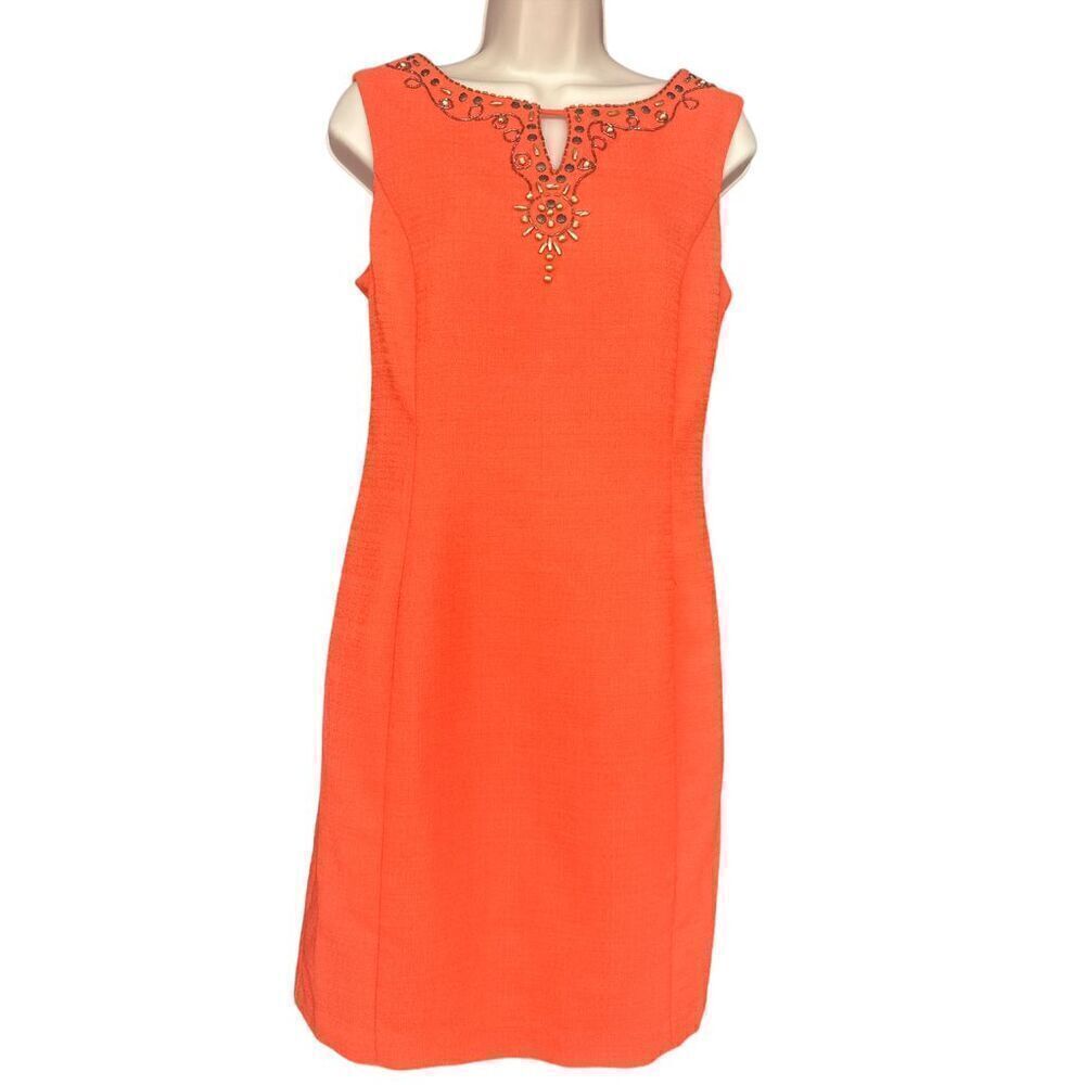 Sandra Darren Orange Sleeveless Beaded  Embellished Scoop Neckline Dress